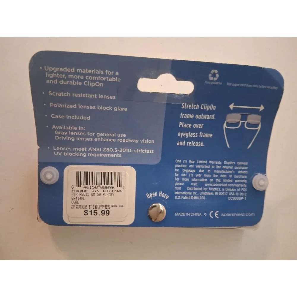 New Solar Shield Gentle Grip Polarized Clipons 50 Rec 15 100% UVA/UVB PROTECTION